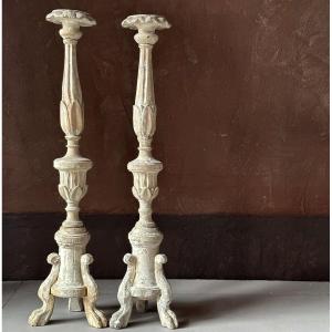 Large Pair Of Carved Wood Candlesticks Italy 18th Century