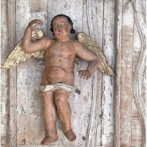 Putto Carved Wood Polychrome Baroque XVIIIth Italy