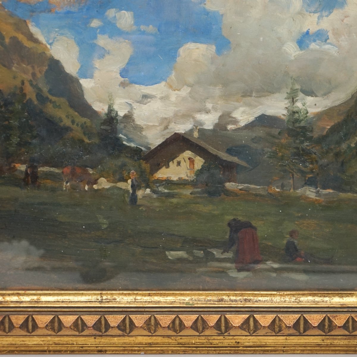 Peinture Double Face : “paysage Alpin” Et “forêt” – Huile Sur Panneau, Cadre Ancien Doré-photo-2