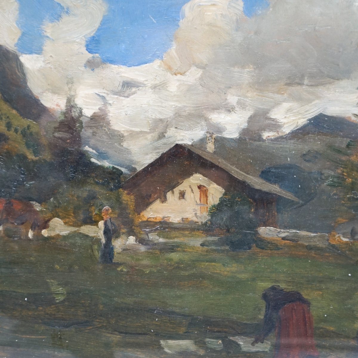 Peinture Double Face : “paysage Alpin” Et “forêt” – Huile Sur Panneau, Cadre Ancien Doré-photo-3