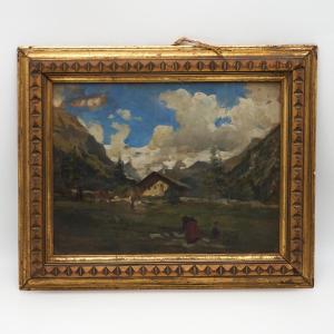 Peinture Double Face : “paysage Alpin” Et “forêt” – Huile Sur Panneau, Cadre Ancien Doré