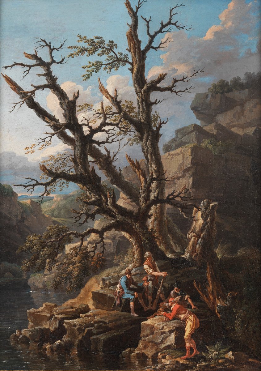 Paysage rocheux avec des soldats et des chasseurs – Salvatore Rosa vers 1650-photo-2