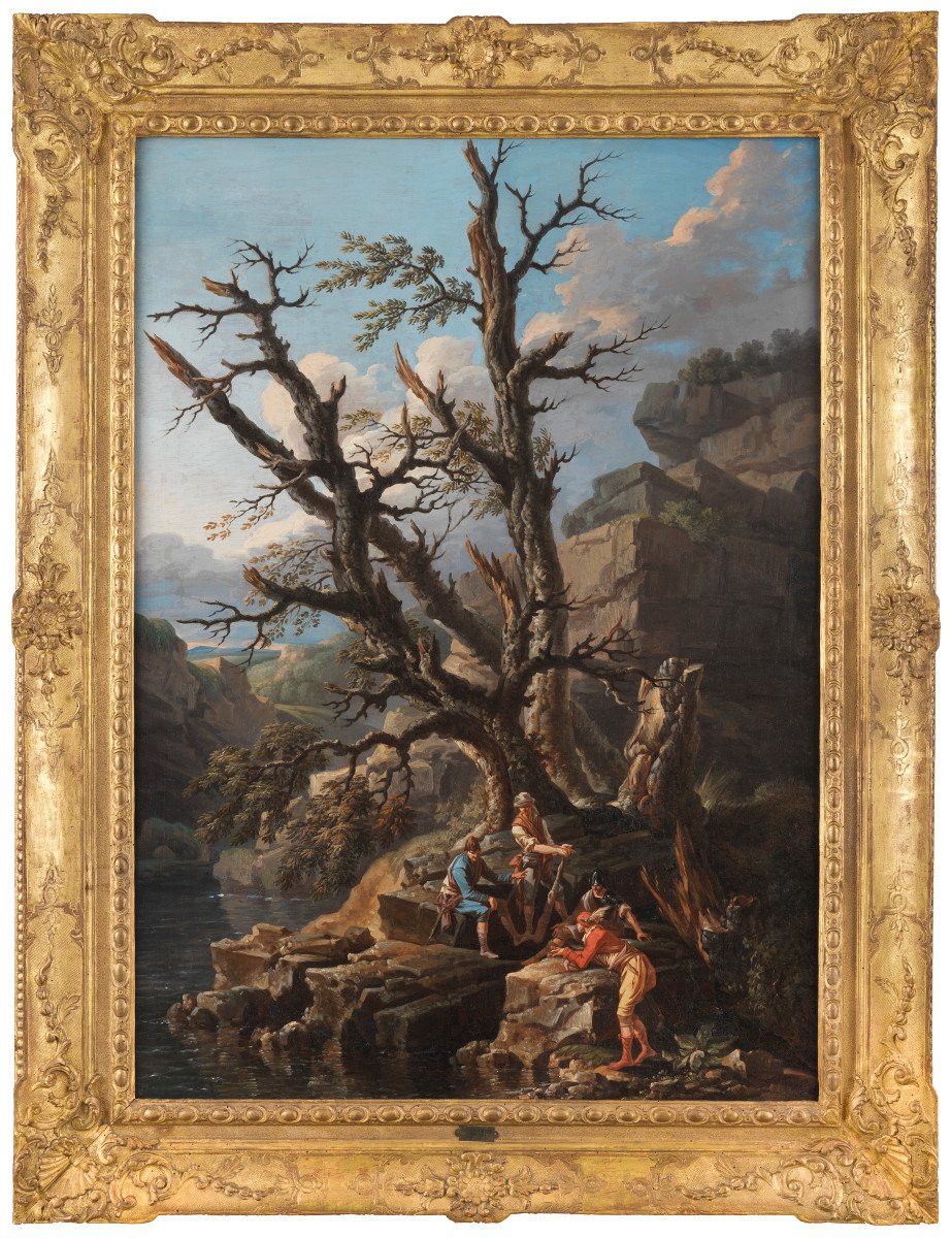 Paysage rocheux avec des soldats et des chasseurs – Salvatore Rosa vers 1650