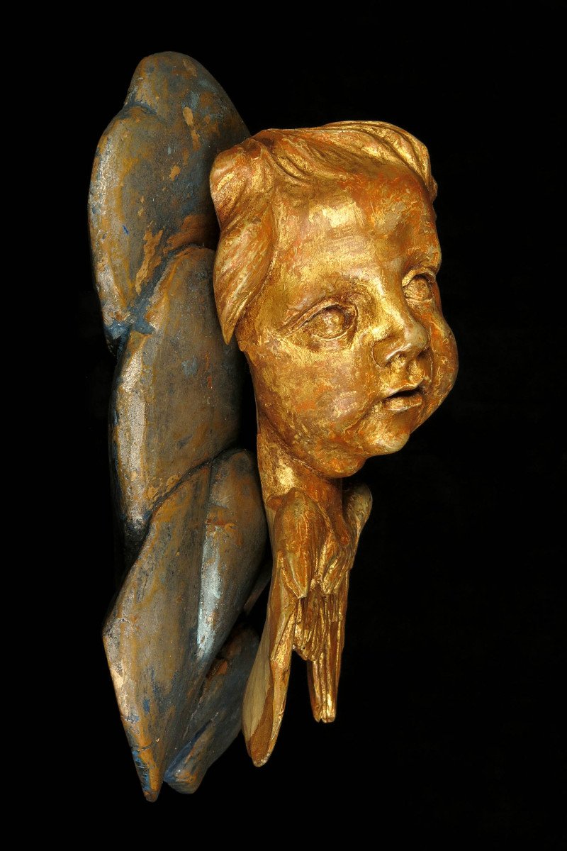 Antique Wood Sculpture, Cherub Angel Or Putto 19th Century-photo-2