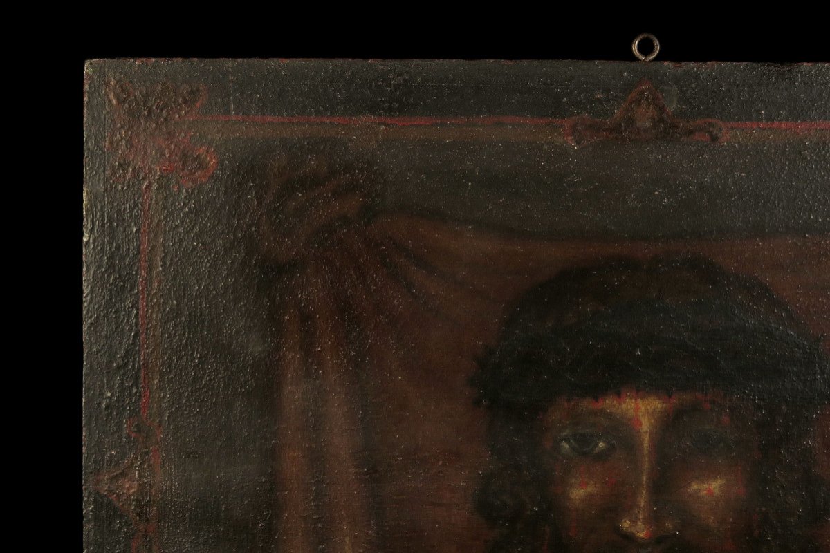 Old Oil Painting On Panel, Holy Shroud Around 1850 / Christ Blood-photo-3