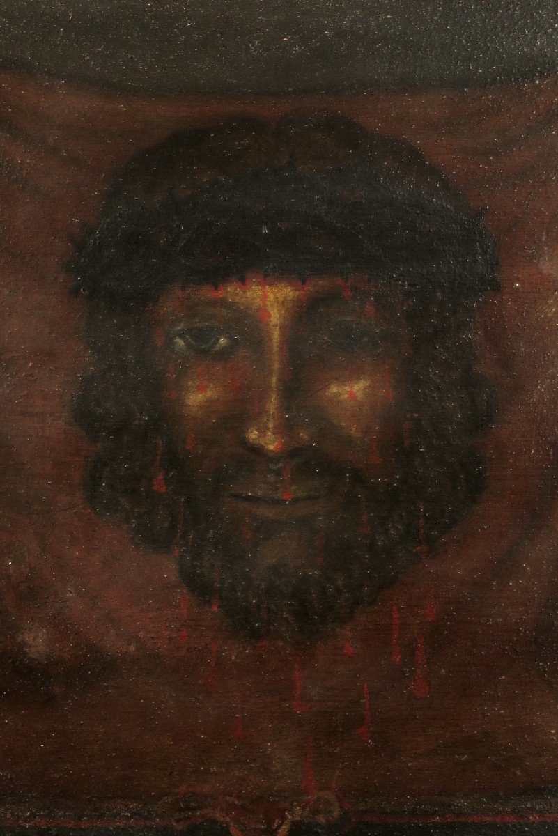 Ancienne Peinture à l'Huile Sur Panneau, Saint Suaire Vers 1850 / Christ sang-photo-3