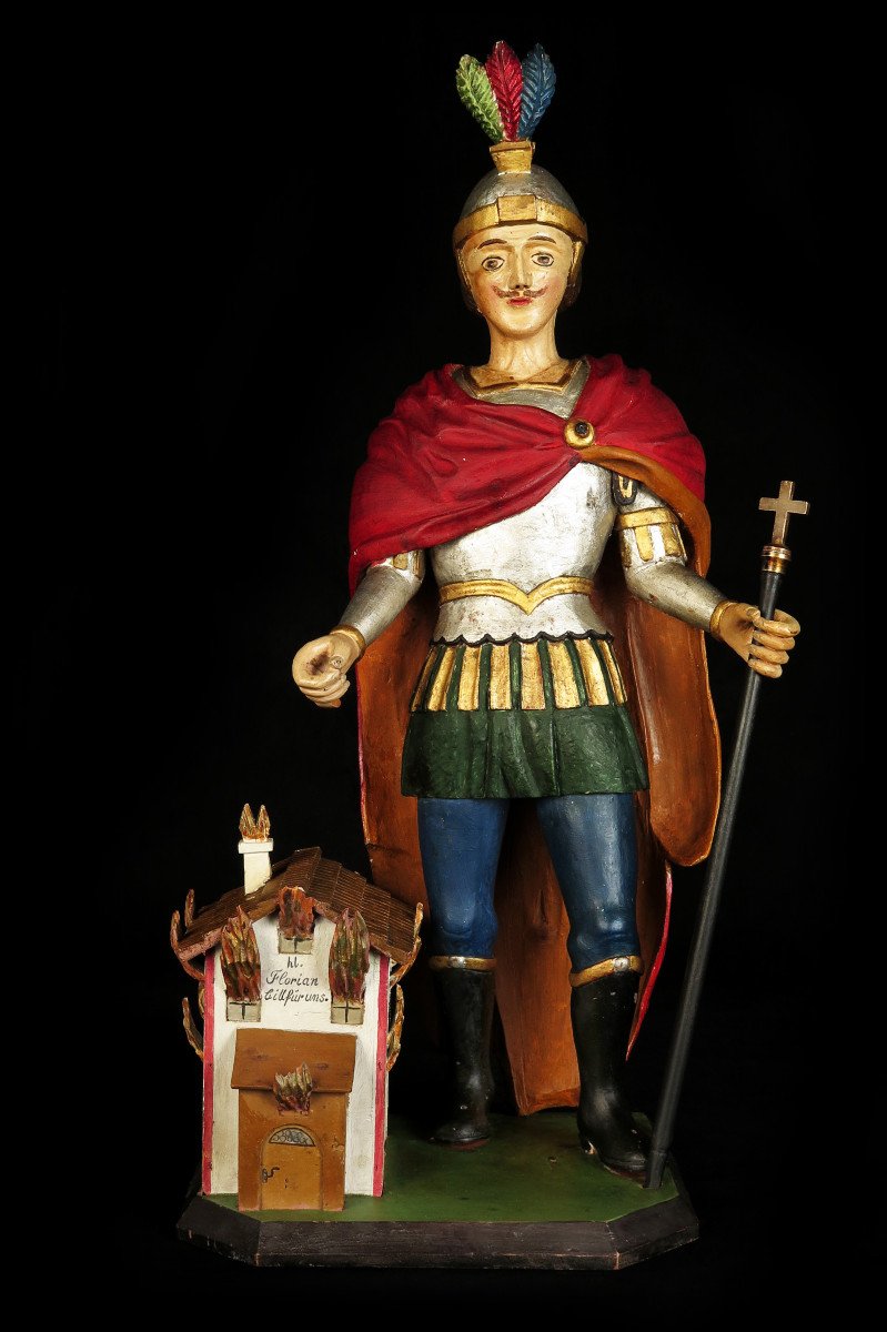 Old Polychrome Carved Wood Sculpture, Ex-voto Of Saint Florian, Popular Art Around 1880.-photo-2