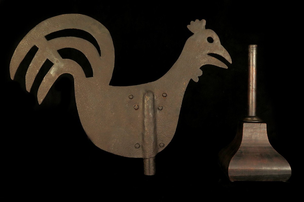 Amazing And Old Weather Vane, Folk Art Circa 1850 / Steeple Rooster Made In Wrought Iron-photo-7