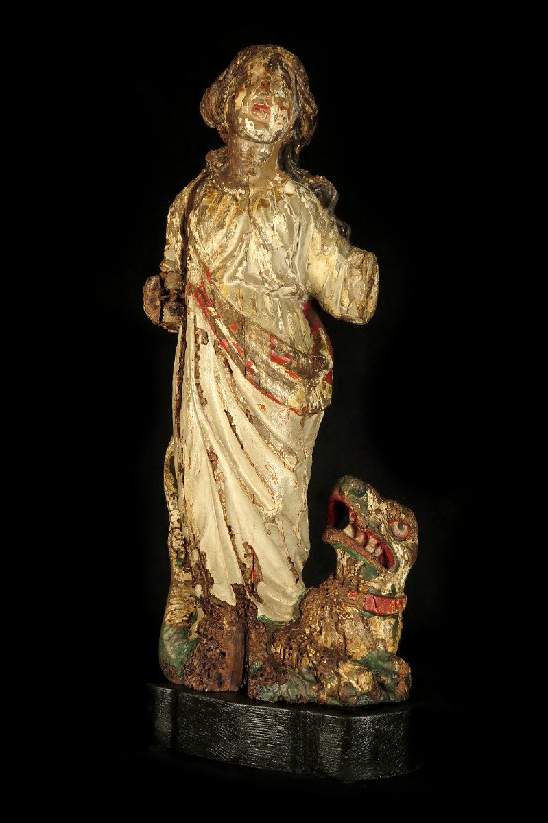 Wonderful And Ancient Remains Of Wooden Sculpture, Holy Margeret 18th Century-photo-8