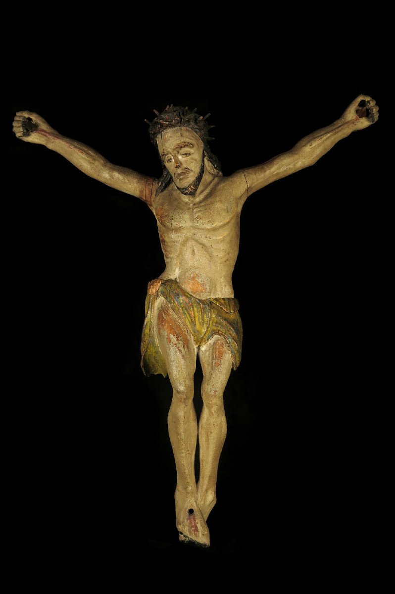 Ancient Christ In Carved Wood, Folk Art Circa 1800 / Religion Devotion Patina-photo-2