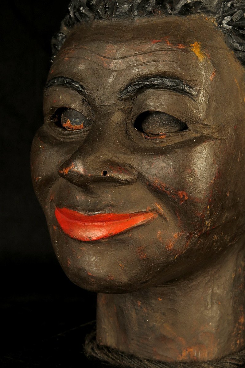 Old Wooden Puppet Head, Folk Art Circa 1920 / Automaton Sculpture-photo-1