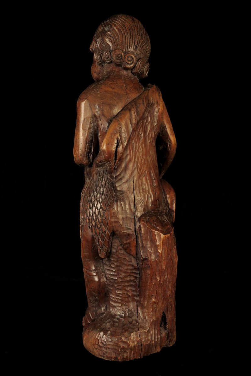 Ancient And Amazing Wood Sculpture, Folk Art Circa 1850 / Saint John And Lamb In Oak-photo-3