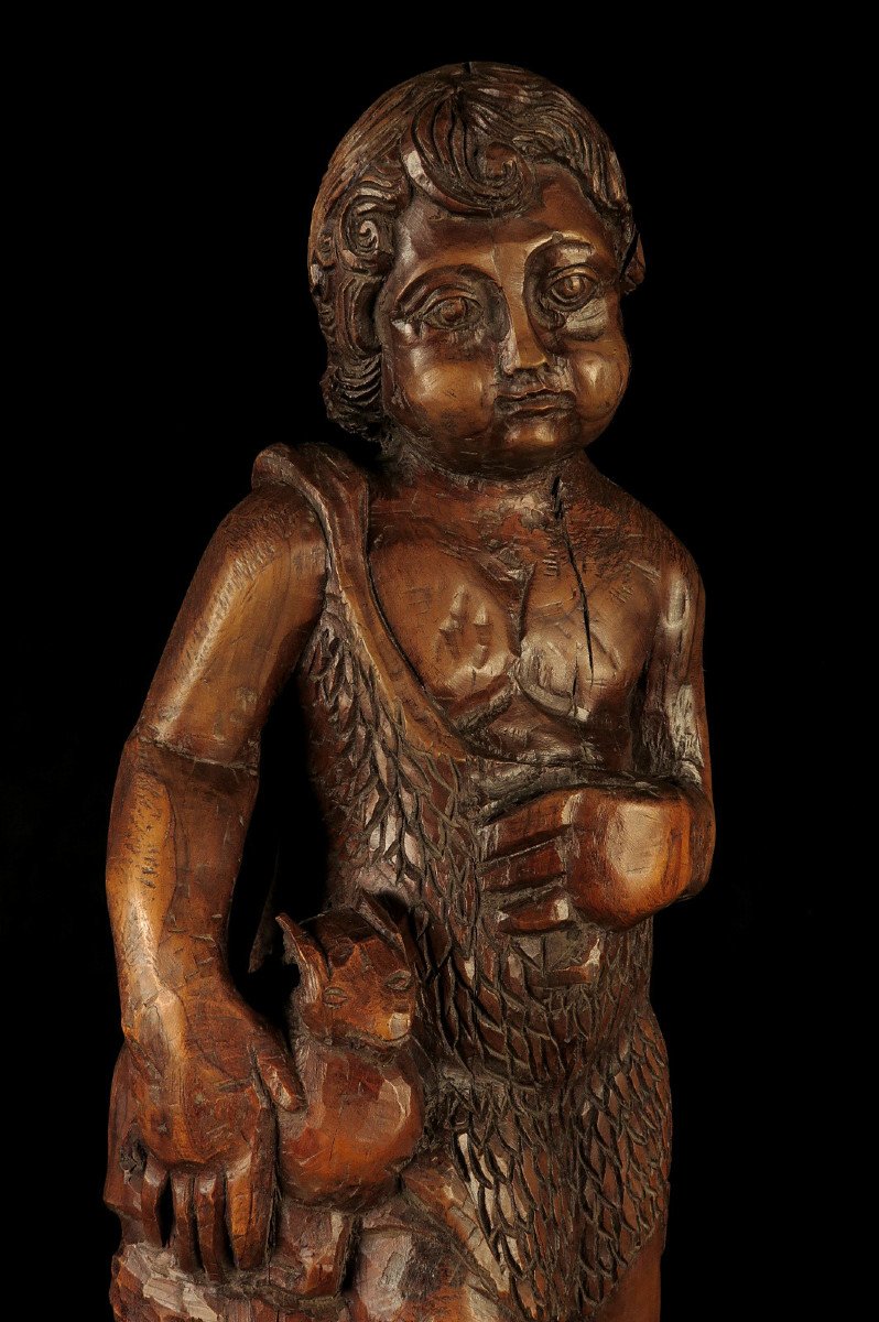 Ancient And Amazing Wood Sculpture, Folk Art Circa 1850 / Saint John And Lamb In Oak-photo-5