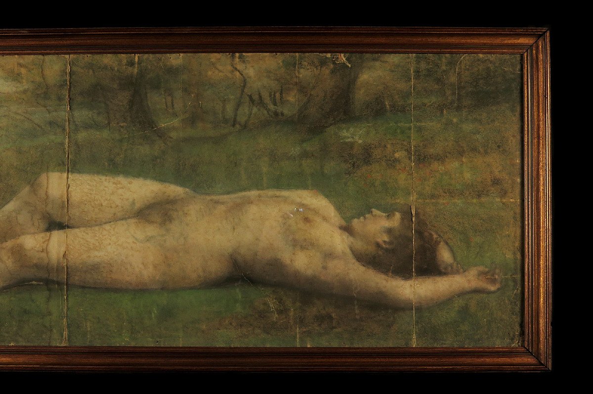 Merveilleux Et Ancien Vestige De Dessin Pastel, Femme Nue Dans La Foret Vers 1880.-photo-2