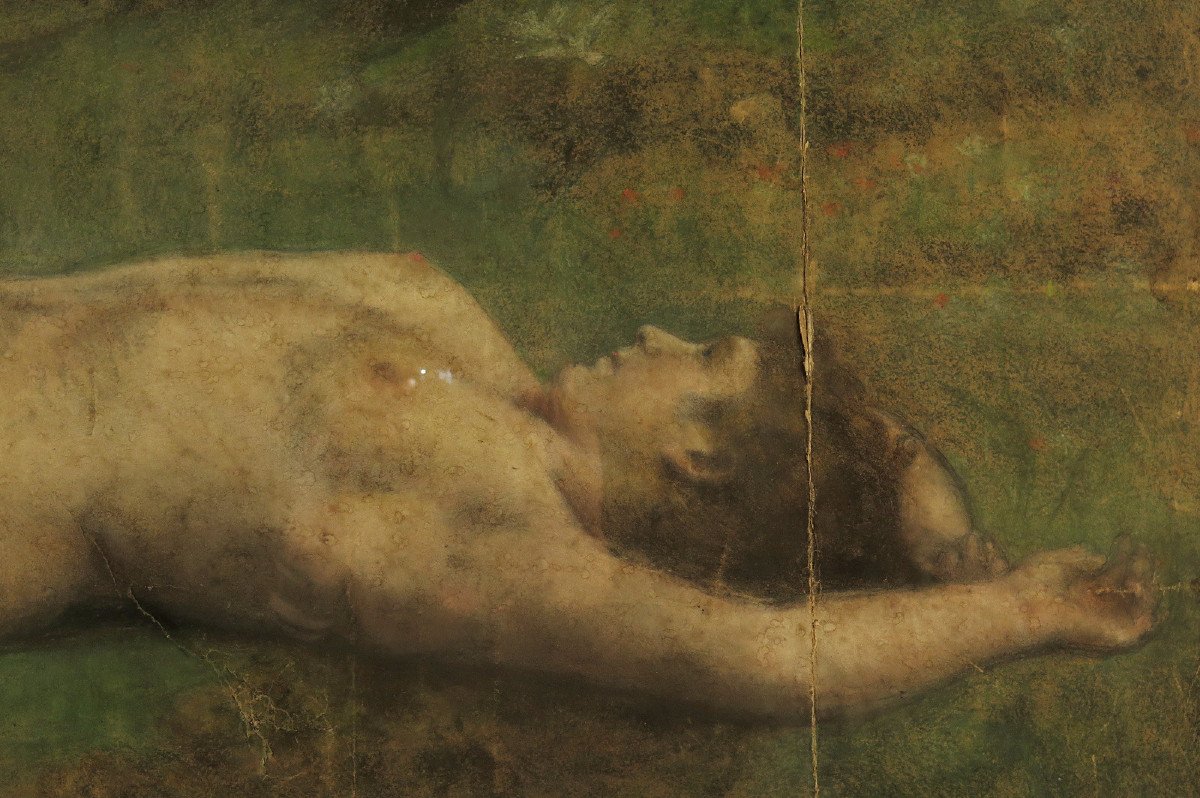 Merveilleux Et Ancien Vestige De Dessin Pastel, Femme Nue Dans La Foret Vers 1880.-photo-3