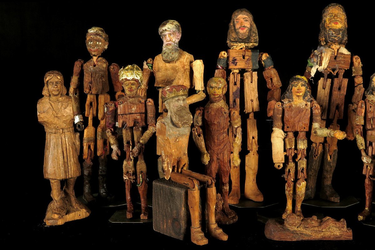 Rare Series Of Nativity Scene Santons, Folk Art Late 19th Century / Articulated Wooden Mannequins-photo-2