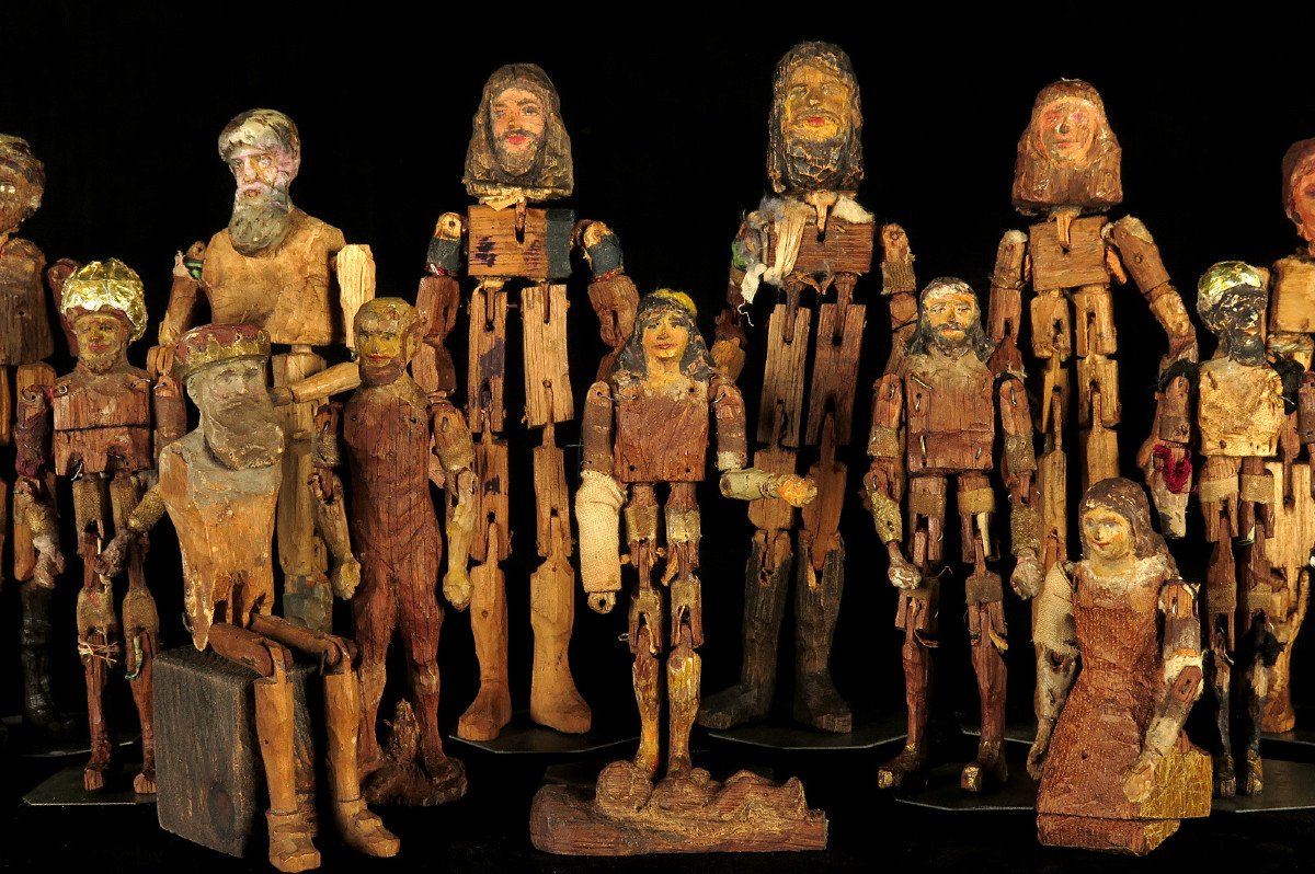 Rare Series Of Nativity Scene Santons, Folk Art Late 19th Century / Articulated Wooden Mannequins-photo-3