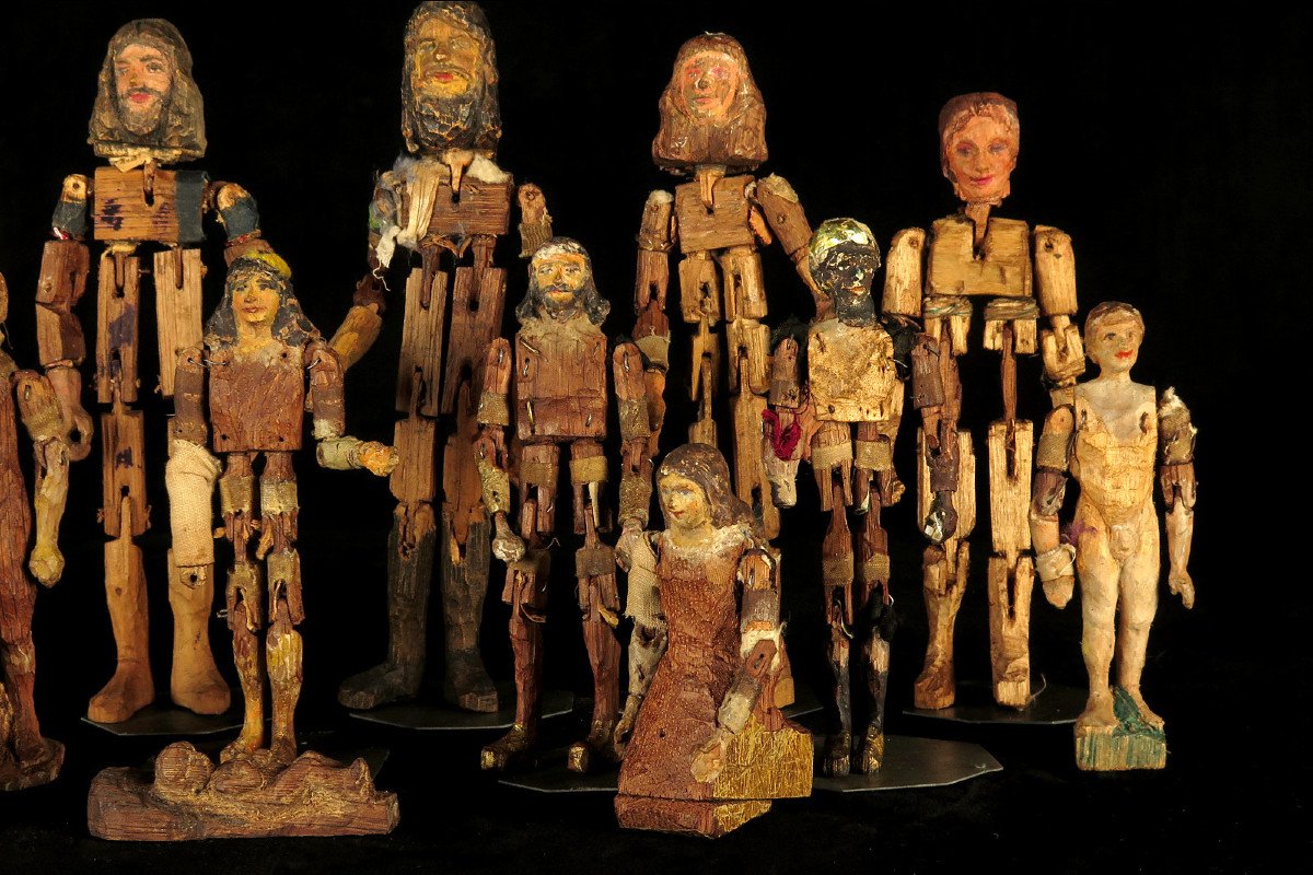 Rare Series Of Nativity Scene Santons, Folk Art Late 19th Century / Articulated Wooden Mannequins-photo-4