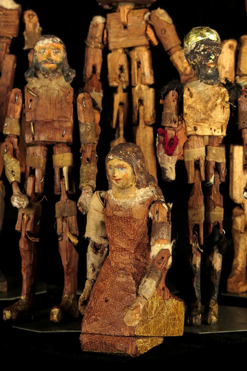 Rare Series Of Nativity Scene Santons, Folk Art Late 19th Century / Articulated Wooden Mannequins-photo-2