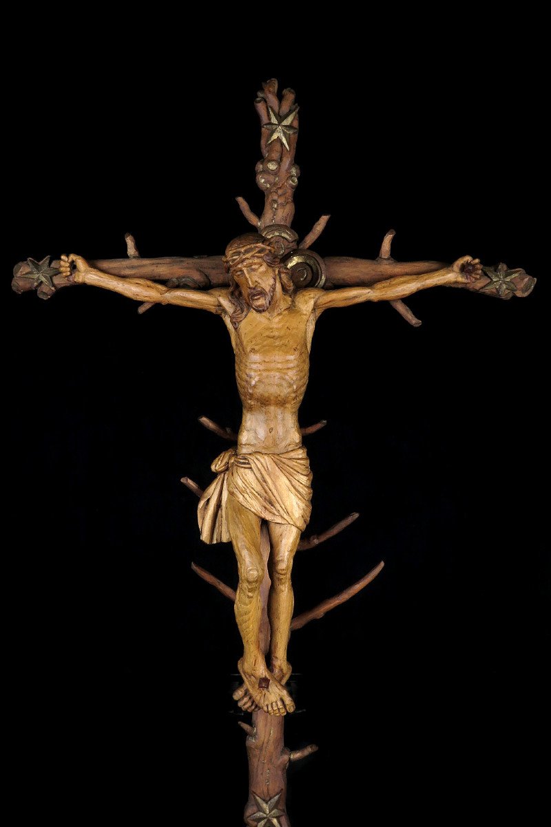 Amazing And Ancient Christ On Cross, Folk Art Circa 1880 / Crucifix Wood Sculpture-photo-2