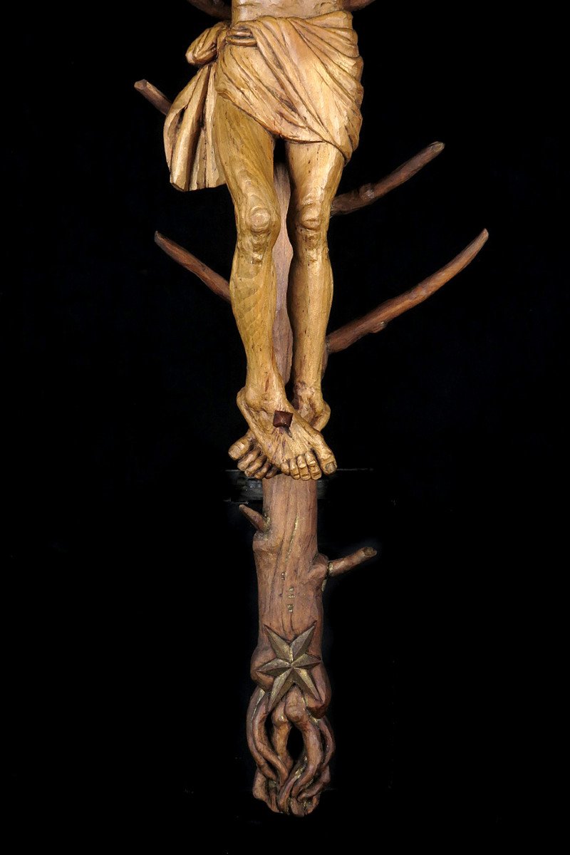 Amazing And Ancient Christ On Cross, Folk Art Circa 1880 / Crucifix Wood Sculpture-photo-3