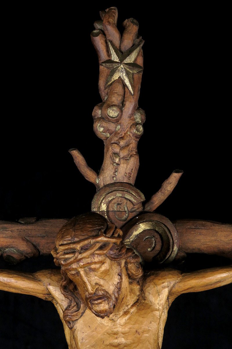 Amazing And Ancient Christ On Cross, Folk Art Circa 1880 / Crucifix Wood Sculpture-photo-4