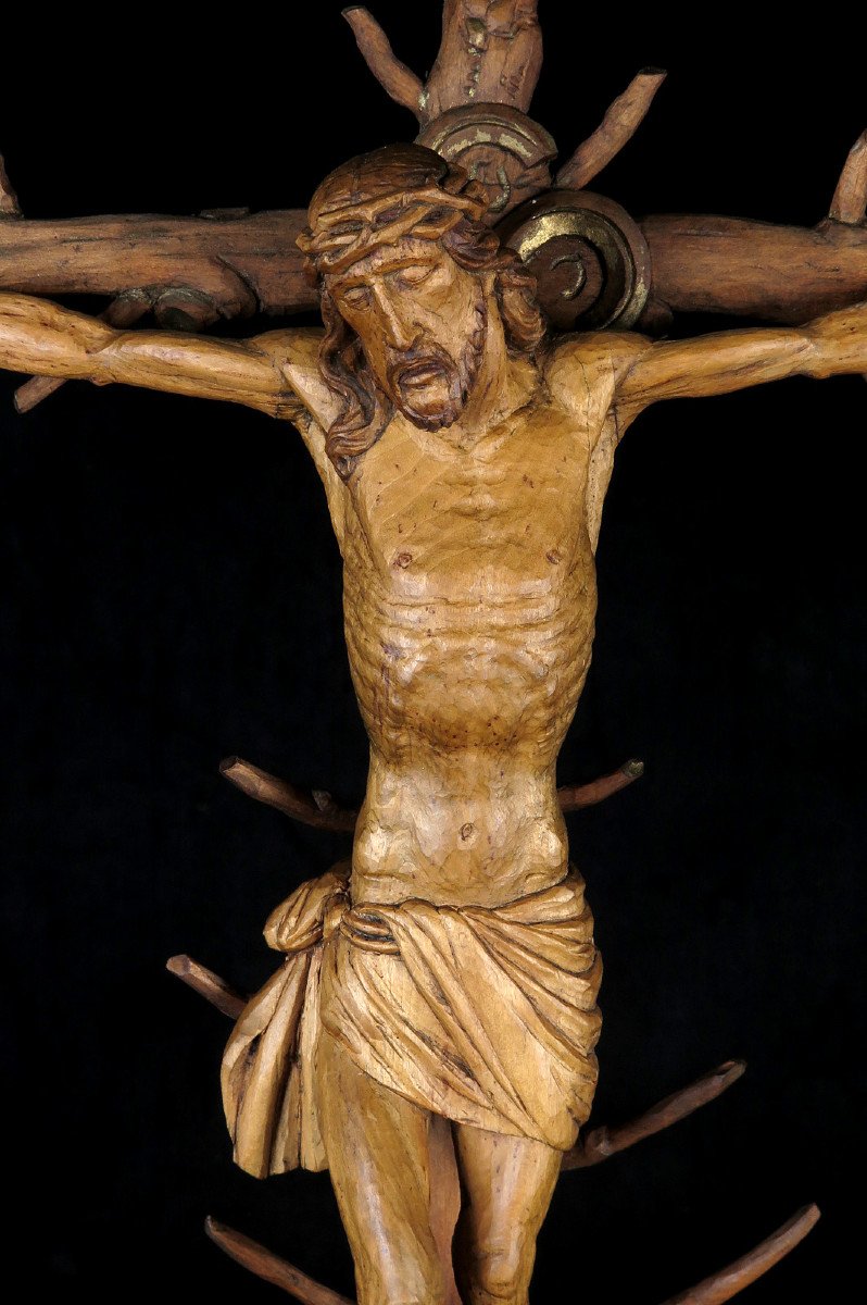 Amazing And Ancient Christ On Cross, Folk Art Circa 1880 / Crucifix Wood Sculpture-photo-1