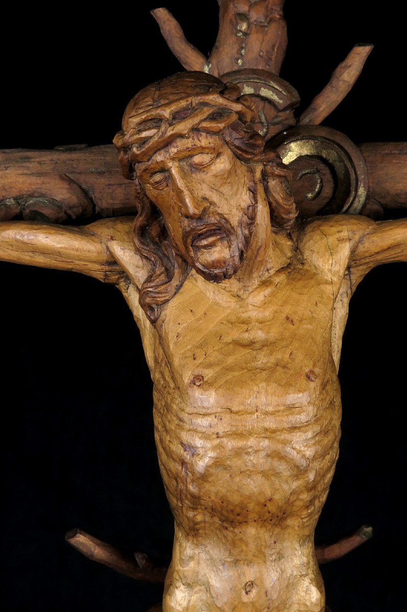 Amazing And Ancient Christ On Cross, Folk Art Circa 1880 / Crucifix Wood Sculpture-photo-2