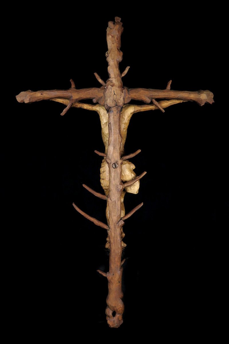 Amazing And Ancient Christ On Cross, Folk Art Circa 1880 / Crucifix Wood Sculpture-photo-5