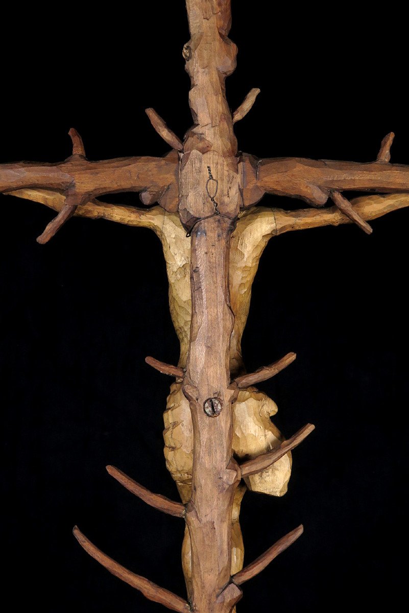 Amazing And Ancient Christ On Cross, Folk Art Circa 1880 / Crucifix Wood Sculpture-photo-6