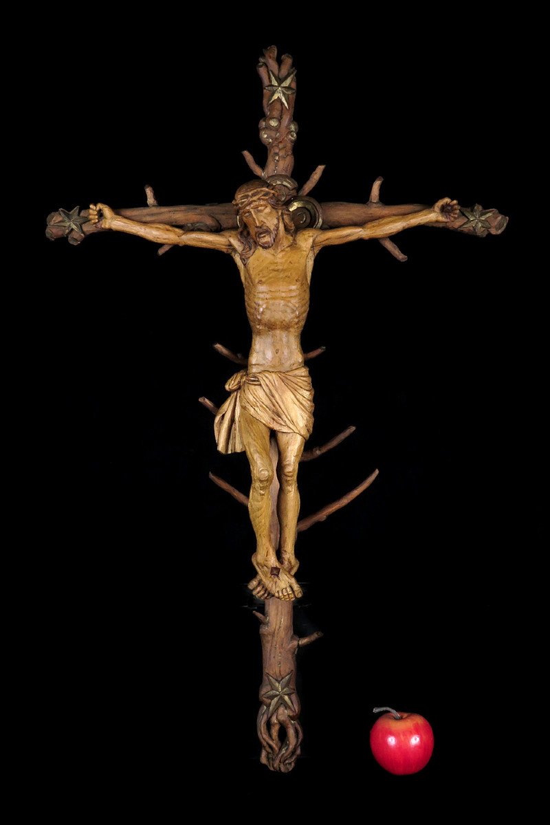 Amazing And Ancient Christ On Cross, Folk Art Circa 1880 / Crucifix Wood Sculpture