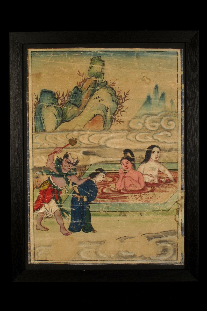 Lot Of Three Old And Curious Paintings On Silk, China Circa 1900-photo-4