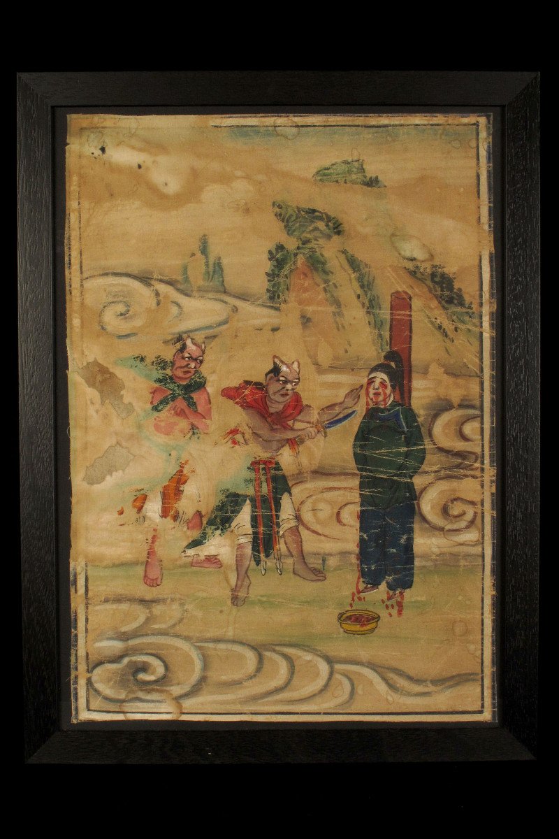 Lot Of Three Old And Curious Paintings On Silk, China Circa 1900-photo-2