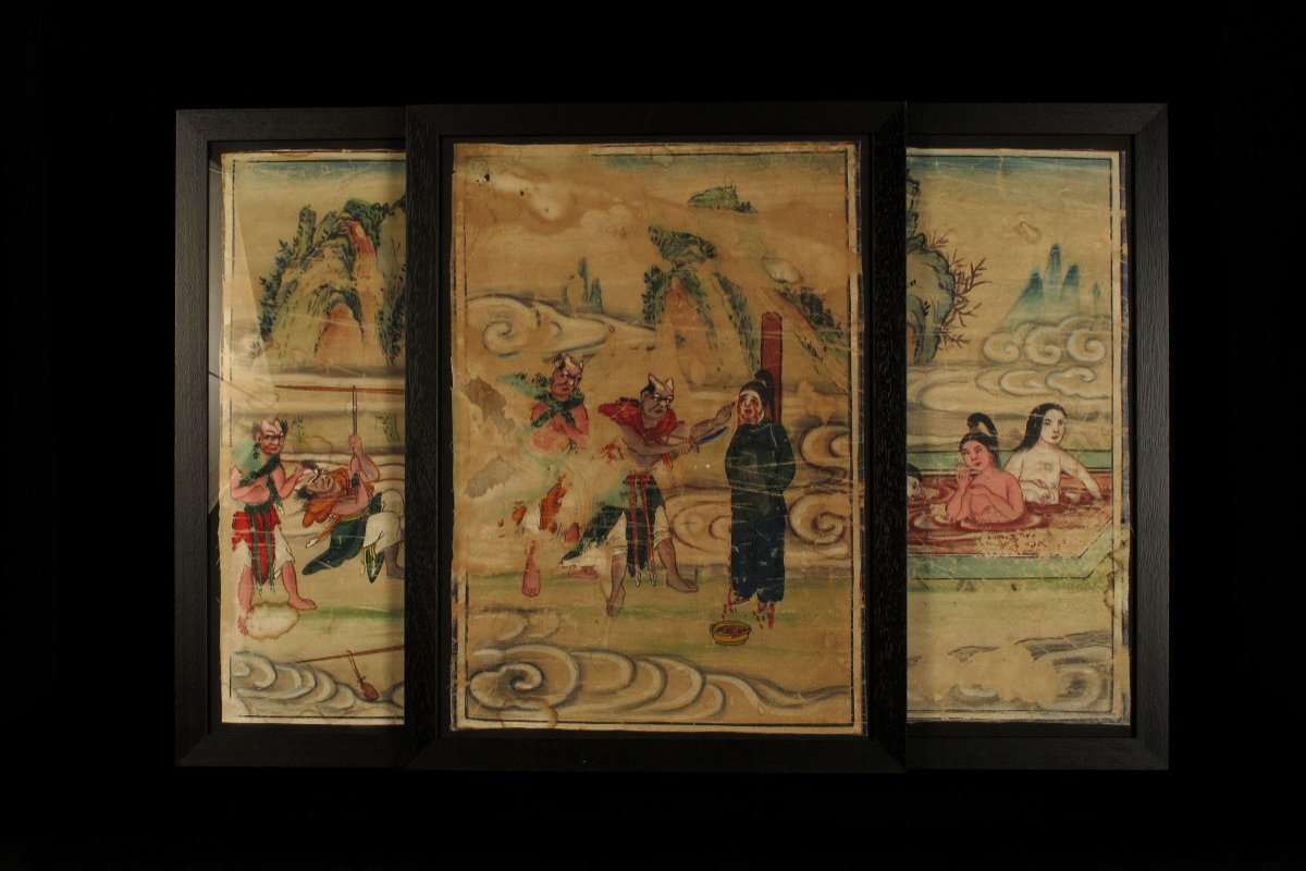 Lot De Trois Anciennes Et Curieuses Peintures Sur Soie, Chine Vers 1900