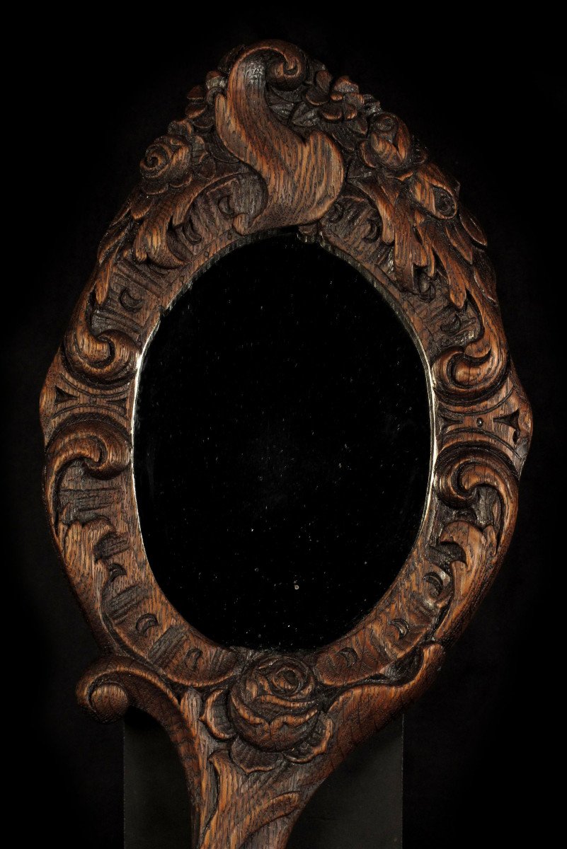 Old Hand Mirror, Oak Popular Art Sculpture Circa 1900-photo-2