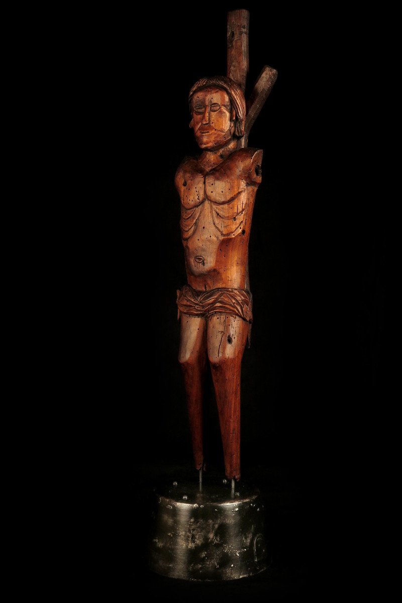 Old Wood Sculpture, Saint Sebastian Around 1850 / Religious Folk Art-photo-1