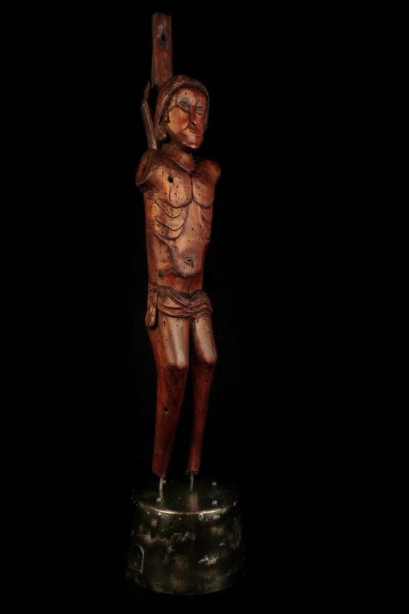 Old Wood Sculpture, Saint Sebastian Around 1850 / Religious Folk Art-photo-7