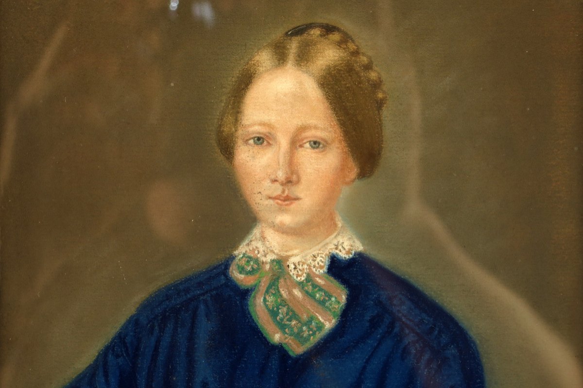 Merveilleux Portrait Ancien, Dessin Au Fusain d'Une Jeune Femme Vers 1880.-photo-2