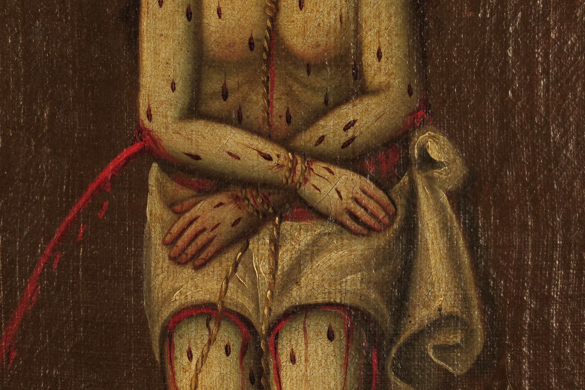 Amazing And Ancient Spanish Oil Painting, C.1800 / Christ Blood Cabinet Curiosities-photo-1