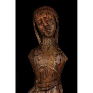 Imposing And Old Sculpture Of Christ, Folk Art Made In Oak Or Chestnut