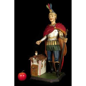 Old Polychrome Carved Wood Sculpture, Ex-voto Of Saint Florian, Popular Art Around 1880.