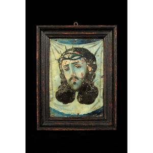 Astonishing And Old Portait, Painting On Sheet Metal Around 1850. Face Of Christ Holy Shroud
