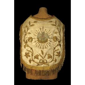 Ancienne Chasuble, Vêtement Liturgique Vers 1880 / Broderie Religieuse Sur Soie Lin Fil d'Or