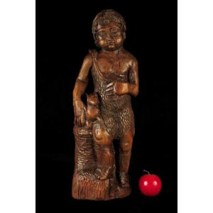 Ancient And Amazing Wood Sculpture, Folk Art Circa 1850 / Saint John And Lamb In Oak
