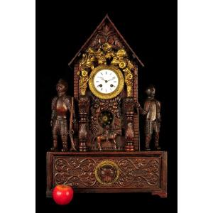 Astonishing And Old Clock, Folk Art Of Beautiful Workmanship Circa 1870.