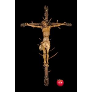 Amazing And Ancient Christ On Cross, Folk Art Circa 1880 / Crucifix Wood Sculpture