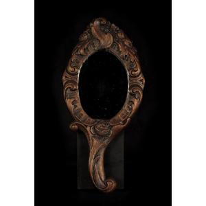 Ancien Miroir à Main, Sculpture Chêne Art Populaire Vers 1900