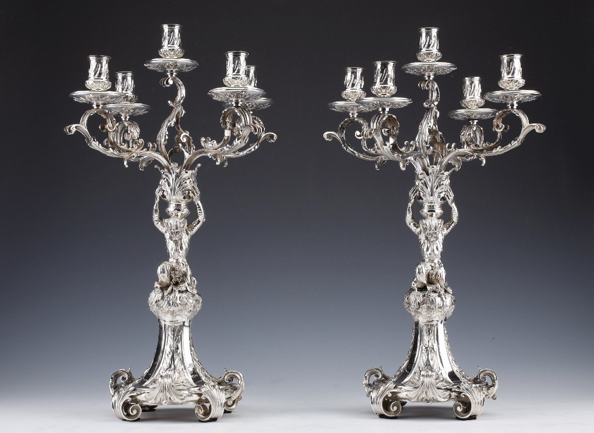 Merite - Pair Of Candelabra In Sterling Silver Zoomorphic Nineteenth Century