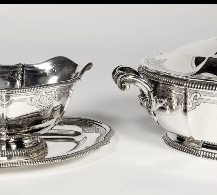 Lapparra - Vegetable Dish And Its Sauceboat In Sterling Silver Circa Nineteenth-photo-1