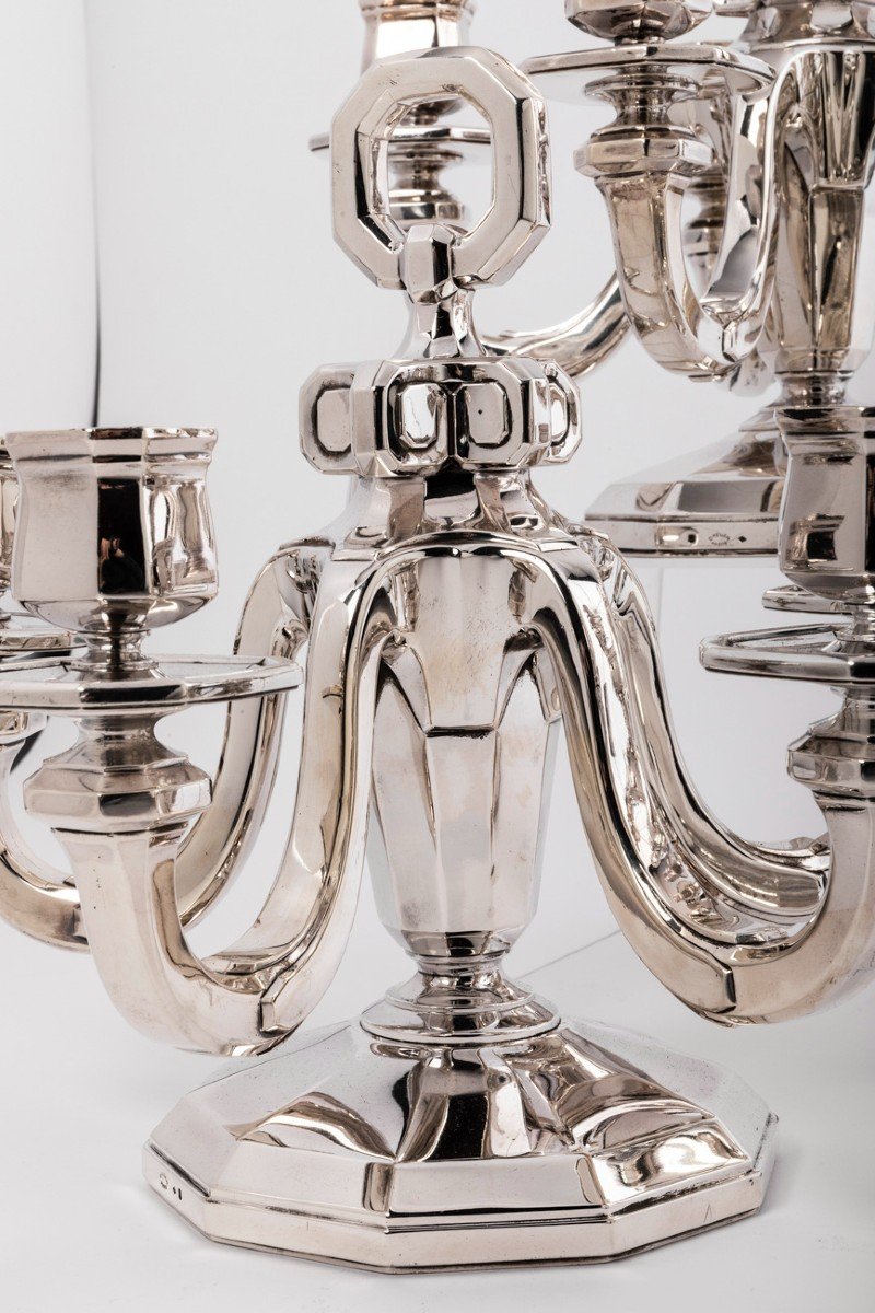 Goldsmith Gustave Keller - Pair Of Candelabra In Sterling Silver Art Deco Period-photo-3